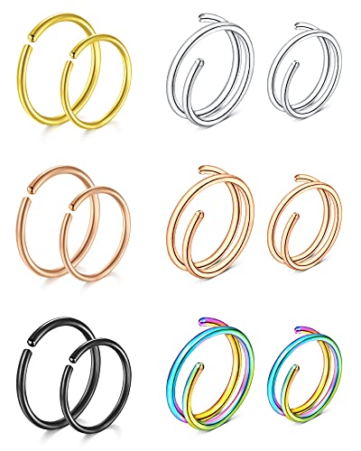 VF VFUN 12 Stück 20G 8/10MM Doppelring Septum Nasenring Biegbarer O-Ring Hoop Knorpel Aus Hypoallergenem Edelstahl Nasen Lippen Tragus Ohrring Piercing Schmuck Für Damen Und Herren Silber Gold von VF VFUN
