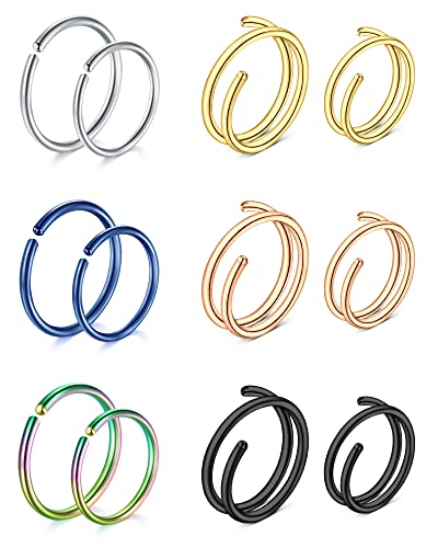 VF VFUN 12 Stück 20G 8/10MM Doppelring Septum Nasenring Nahtlose Kontinuierliche Offene Hoop Knorpel Aus Hypoallergenem Edelstahl Nasen Lippen Tragus Ohrring Piercing Schmuck Für Damen Und Herren von VF VFUN