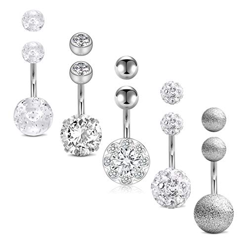 VF VFUN 14 Gauge Edelstahl Bauchnabelpiercing mit Ersatz Kugeln für Damen Mädchen Körperschmuck Piercing Bauchnabel Stab 10MM 5 Stück - Silber von VF VFUN