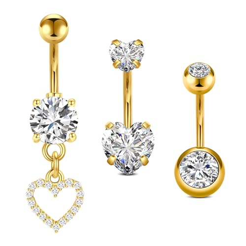 VF VFUN 3pcs Klar CZ Bauchnabelpiercing Barbell Set 14G Edelstahl Gold Barbell Lang Nabel Bars Nabelring Herz Bauchpiercing Bauchnabel Piercing Schmuck für Frauen von VF VFUN