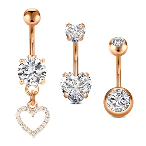VF VFUN 3pcs Klar CZ Bauchnabelpiercing Barbell Set 14G 10mm Edelstahl Rosegold Barbell Lang Nabel Bars Nabelring Herz Bauchpiercing Bauchnabel Piercing Schmuck für Frauen von VF VFUN