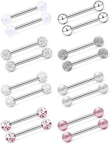 VF VFUN 14G Brustwarzenpiercing Chirurgenstahl Zungenpiercing Kunststoff Barbell Set Piercing Körperschmuck für Frauen Männer Bar Länge 12mm 8 Paar von VF VFUN