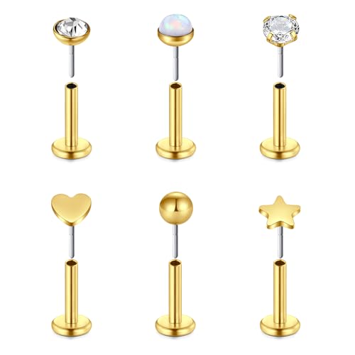 VF VFUN 16G 6Pcs Helix Piercings Diamant CZ Edelstahl Piercing Herz Stern Opal Lippenpiercing Ohr Conch Piercing Nasenpiercing Tragus Labret Piercing Studs 6mm für Frauen Männer Gold von VF VFUN