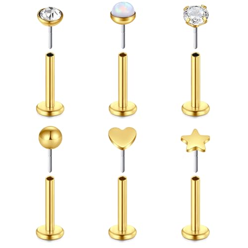 VF VFUN 16G 6Pcs Helix Piercings Diamant CZ Edelstahl Piercing Herz Stern Opal Lippenpiercing Ohr Conch Piercing Nasenpiercing Tragus Labret Piercing Studs 8mm für Frauen Männer Gold von VF VFUN