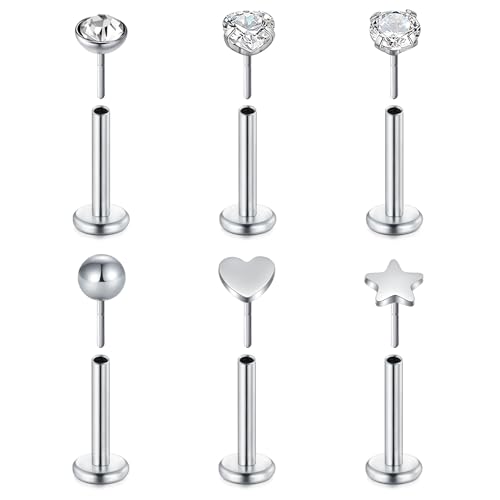 VF VFUN 16G 6Pcs Helix Piercings Diamant CZ Edelstahl Piercing Herz Stern Opal Lippenpiercing Ohr Conch Piercing Nasenpiercing Tragus Labret Piercing Studs 8mm für Frauen Männer Silber von VF VFUN