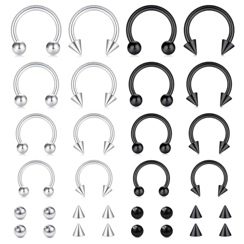 VF VFUN 16G Septum Piercing Hufeisen Ringe Edelstahl Nasenring 6/8/10/12mm Lippenpiercing Tragus Helix Piercing Schmuck für Frauen Männer Silber & Schwarz von VF VFUN