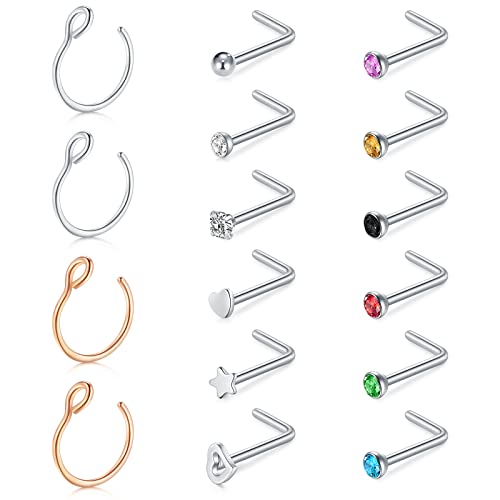 VF VFUN 20G Nose Pin Studs Nose Screw Stainless Steel Nose Rings Hoop Diamond Heart Butterfly Nostril Nose Piercing Jewelry for Women Men von VF VFUN