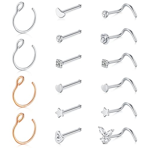 VF VFUN 20G Nose Pin Studs Nose Screw Stainless Steel Nose Rings Hoop Diamond Heart Butterfly Nostril Nose Piercing Jewelry for Women Men von VF VFUN