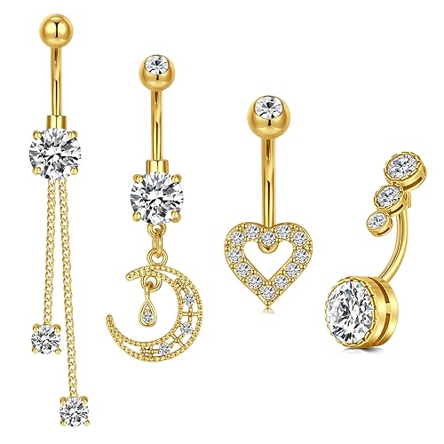 VF VFUN 4stk 14g Bauchnabelpiercing Gold Edelstahl Herz Mond Bananabells Klar CZ Barbell Lang Nabel Bars Nabelring Piercing Schmuck für Damen von VF VFUN