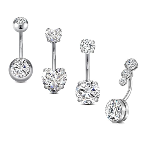 VF VFUN 4Pcs 14G Bauchnabelpiercing Edelstahl Bauchnabelpiercing Belly Bars Silber Bauchnabel Ringe Set CZ Nabel Bars Bauch Piercing Schmuck für Frauen Mädchen von VF VFUN