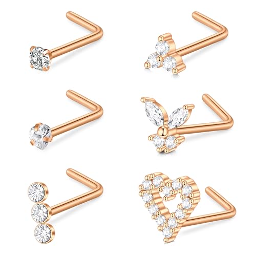 VF VFUN 6 Stück 18G Nasenring Edelstahl Nasenpiercing Rosegold L-Form Nasenstecker Hypoallergen Nasenringe Klar Diamant CZ Herz Schmetterling Piercing-Schmuck für Damen von VF VFUN