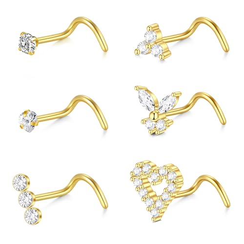 VF VFUN 6Pcs 18G Nasenstecker Nasering Edelstahl Nasenpiercing Schraube CZ Nasenringe Herz Schmetterling Nostril Piercing Schmuck für Frauen Männer Gold von VF VFUN