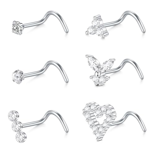 VF VFUN 6Pcs 18G Nasenstecker Nasering Edelstahl Nasenpiercing Schraube CZ Nasenringe Herz Schmetterling Nostril Piercing Schmuck für Frauen Männer von VF VFUN