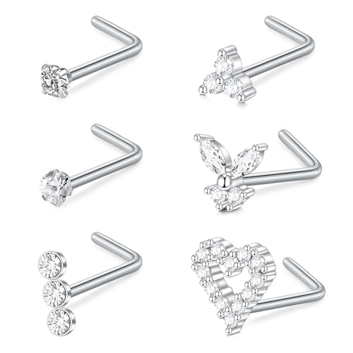 VF VFUN 6Pcs 18G Nasenstecker Nasenring Edelstahl Nasenpiercing Silber L-Form Diamant CZ Herz Schmetterling Nostril Piercing Schmuck für Frauen Männer von VF VFUN