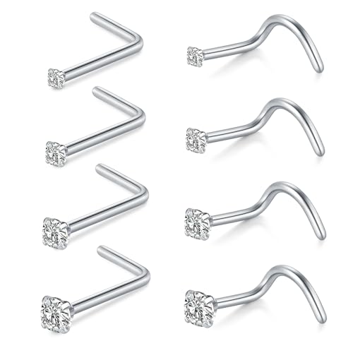 VF VFUN 8Pcs 18G Nasenring Edelstahl Nasepiercing Schraube L-Form Piercing Nasenstecker Nasenringe Klar Diamant CZ 1.5mm 2mm 2.5mm 3mm Piercing-Schmuck für Damen von VF VFUN