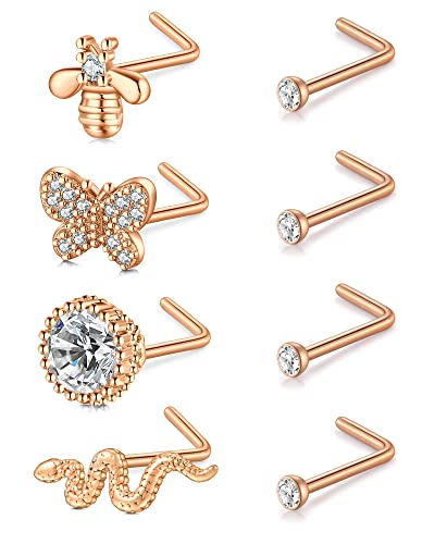VF VFUN 8Pcs 20G Nasenring Edelstahl Nasenpiercing Schraube Set CZ Biene Schmetterling Schlange Nostril Piercing Schmuck für Damen Herren Rosegold von VF VFUN