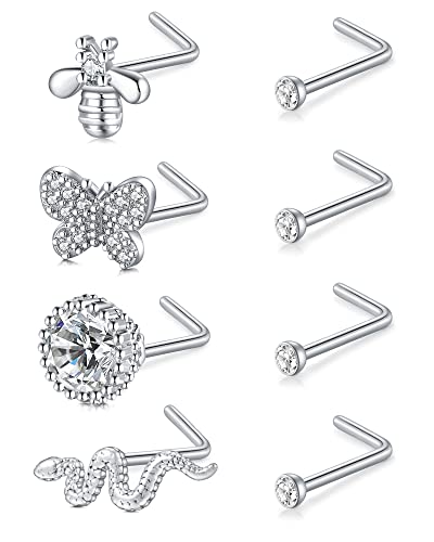 VF VFUN 8Pcs 20G Nasenring Edelstahl Nasenpiercing Schraube Set CZ Biene Schmetterling Schlange Nostril Piercing Schmuck für Damen Herren Silber von VF VFUN
