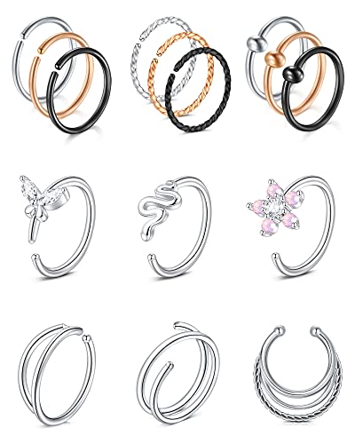 VF VFUN 18G 20G 16G Nose Hoop Rings Mixed Colors Nose Piercing for Women Men Nose Septum Rings Stainless Steel Spiral Opal Flower Nostril Piercing Nose Hoop Jewellery von VF VFUN