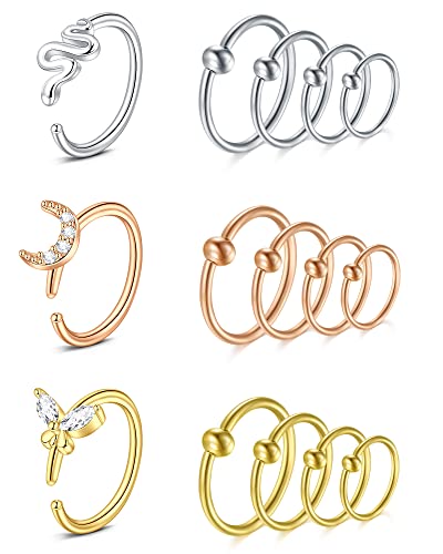 VF VFUN Nose Rings 18G Women Nose Hoop Rings Stainless Steel Snake Butterfly Moon Nostril Jeweller Piercing Diameter 6-12MM Helix Hoop Earrings Mixed Colors von VF VFUN