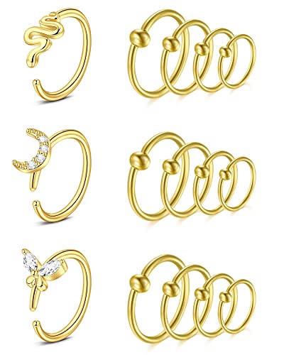 VF VFUN Nose Rings 18G Women Nose Hoop Rings Stainless Steel Snake Butterfly Moon Nostril Jeweller Piercing Diameter 6-12MM Helix Hoop Earrings Gold von VF VFUN