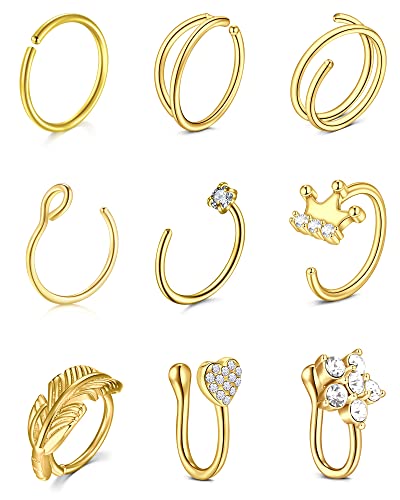 VF VFUN Nose Rings Stainless Steel Nose Septum Piercing Nose Hoop jewellery Women Nose Cuff Helix Cartilage Earrings Nostril Piercing 9PCS Gold von VF VFUN