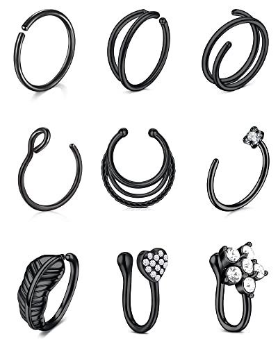 VF VFUN Nose Rings Stainless Steel Nose Septum Piercing Nose Hoop jewellery Women Nose Cuff Helix Cartilage Earrings Nostril Piercing 9PCS Black von VF VFUN