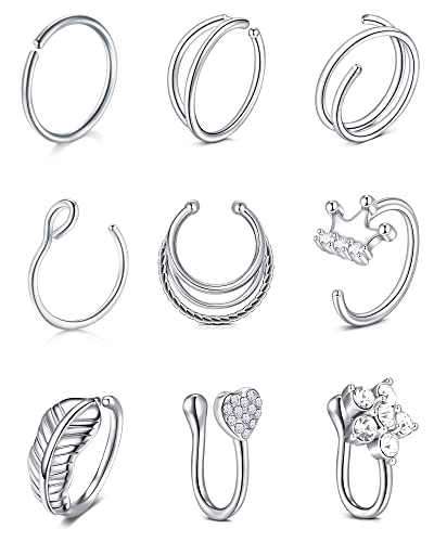 VF VFUN Nose Rings Stainless Steel Nose Septum Piercing Nose Hoop jewellery Women Nose Cuff Helix Cartilage Earrings Nostril Piercing 9PCS Silver von VF VFUN