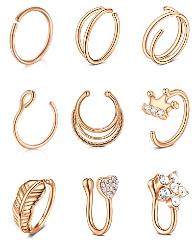 VF VFUN Nose Rings Stainless Steel Nose Septum Piercing Nose Hoop jewellery Women Nose Cuff Helix Cartilage Earrings Nostril Piercing 9PCS Rose Gold von VF VFUN