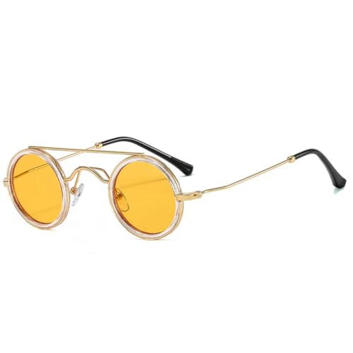 VFDHN Modische kleine runde Sonnenbrille für Damen, Vintage, Metall, Punk, Herren, klare Ozeangläser, UV400 (transparentes Gelb) von VFDHN