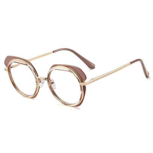 VFDHN Retro Metall Runde Damen Brillengestell Mode Doppelte Farbe Unregelmäßig Weiblich UV400 (Khaki Trans) von VFDHN