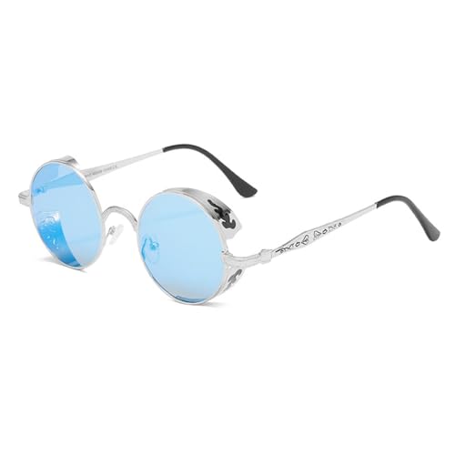 VFDHN Rote Steampunk-Sonnenbrille für Herren, modisch, rund, aus Metall, Retro-Accessoires, Damen, Punk, Gothic (8 Silber, verspiegelt, Blau) von VFDHN