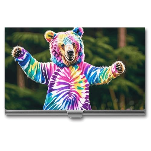VFKLT Bear Dancing Tie Dye Visitenkartenetui Tasche Slim Portable Metall Visitenkartenetui Visitenkarten-Organizer Kreditkartenetui Multi-Kartenetui für Männer Frauen Reisen Büro, silber, von VFKLT