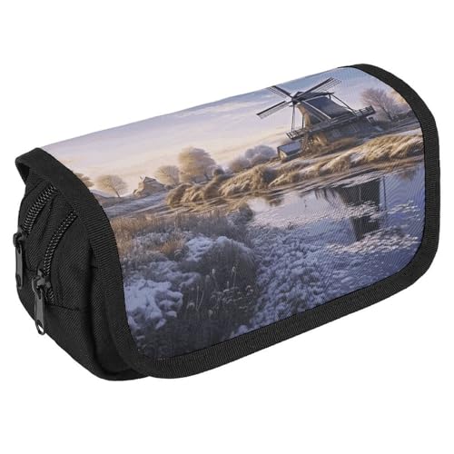VFKLT Federmäppchen im Querformat mit traditionellem Windmühlen-Federmäppchen, doppellagiges Federmäppchen, großes Fassungsvermögen, Doppelreißverschluss, tragbares Stifteetui, Make-up-Tasche für von VFKLT