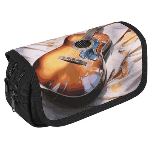 VFKLT Federmäppchen mit Aquarell-Akustikgitarre, doppellagig, großes Fassungsvermögen, Federmäppchen, doppelter Reißverschluss, tragbares Stifteetui, Make-up-Tasche für Männer und Frauen, Reisen, von VFKLT