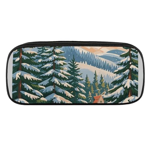 VFKLT Federmäppchen mit Kiefernnadelbaum, Winterlandschaft, bedruckt, tragbar, Stiftetasche, Make-up-Tasche, Aufbewahrungstasche, Stiftebox, Kosmetiktasche für Damen, Herren, Büro, Schwarz , von VFKLT