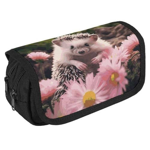 VFKLT Federmäppchen mit niedlichem Igel in Blumen, doppellagig, großes Fassungsvermögen, Federmäppchen, doppelter Reißverschluss, tragbares Stifteetui, Make-up-Tasche für Männer und Frauen, Reisen, VFKLT Federmäppchen mit niedlichem Igel in Blumen, doppellagig, großes Fassungsvermögen, Federmäppchen, doppelter Reißverschluss, tragbares Stifteetui, Make-up-Tasche für Männer und Frauen, Reisen, von VFKLT