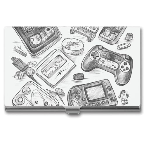 VFKLT Monochrome Skizzen-Stil Gaming Visitenkartenhalter Tasche Slim Portable Metall Visitenkartenetui Visitenkartenorganizer Kreditkartenetui Multi-Kartenetui für Männer Frauen Reisen Büro Silber, von VFKLT
