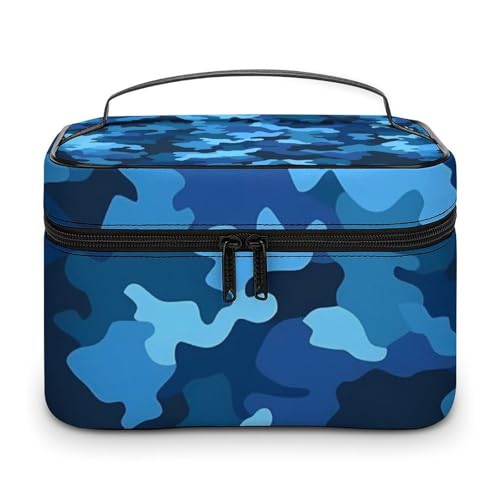 VFMKT Blue Parttern Make-up-Tasche, tragbare Reise-Kosmetiktasche, Reißverschluss, Make-up-Organizer, Kulturbeutel für Damen, blauer Teil, 25 x 18 x 15 cm, Blauer Teil, 25x18x15cm von VFMKT
