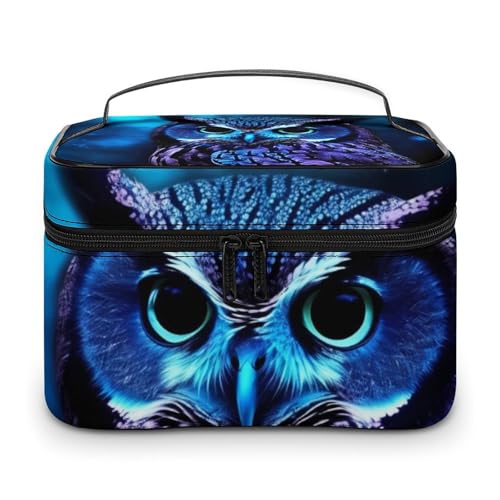 VFMKT Make-up-Tasche mit blauer Eule, tragbare Reise-Kosmetiktasche, Reißverschluss, Make-up-Organizer, Kulturbeutel für Damen, blaue Eule, 25 x 18 x 15 cm, blaue eule, 25x18x15cm von VFMKT