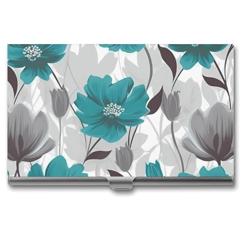 VFMKT Schlankes Metall-Visitenkartenetui, tragbar, Visitenkartenetui, Tasche, Namenskartenhalter, Blaugrün, Grau und Weiß, Blumenmuster, für Männer und Frauen, Büro, Reisen von VFMKT