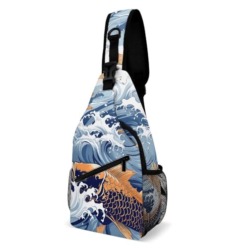 Schultertasche für Damen und Herren, Karpfen mit Wellenmuster, Umhängetasche, Wandern, Brusttasche, Umhängetasche, modische Hüfttasche, lässiger Tagesrucksack, Schultertasche, für Reisen, weiß, 20,3 x Schultertasche für Damen und Herren, Karpfen mit Wellenmuster, Umhängetasche, Wandern, Brusttasche, Umhängetasche, modische Hüfttasche, lässiger Tagesrucksack, Schultertasche, für Reisen, weiß, 20,3 x von VFMNT