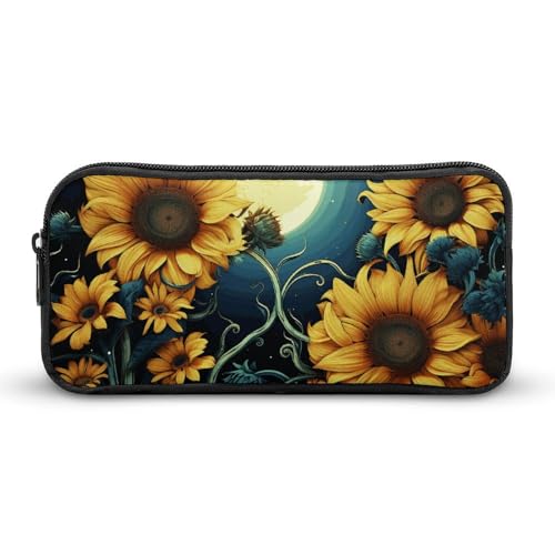 VFMNT Federmäppchen mit großem Fassungsvermögen, Motiv: Mondlicht, Sonnenblumenmuster, ästhetische Make-up-Tasche für Damen, tragbares Federmäppchen mit Reißverschluss, niedliches Stifteetui für von VFMNT
