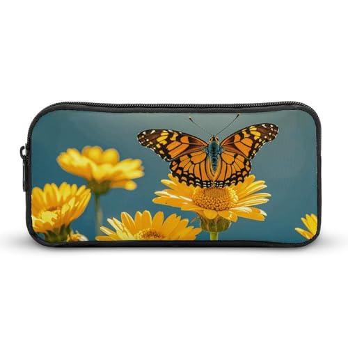 VFMNT Federmäppchen mit großem Fassungsvermögen, gelbe Blumen, Schmetterlinge, ästhetische Make-up-Tasche für Damen, tragbares Federmäppchen, Organizer mit Reißverschluss, niedliche Stifttasche für von VFMNT