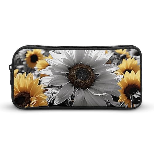 VFMNT Federmäppchen mit großem Fassungsvermögen, schwarze und weiße Sonnenblumen, ästhetische Make-up-Tasche für Damen, tragbares Federmäppchen mit Reißverschluss, niedliche Stifttasche für von VFMNT