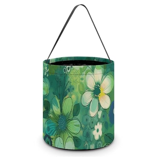 VFMNT Halloween-Süßigkeitenbeutel, abstraktes saisonales grünes Blumenmuster, mit Griffen, Halloween-Tragetasche, Halloween-Tragetasche, Süßigkeiteneimer für Halloween, Party, Gastgeschenk, 20 x 21 von VFMNT