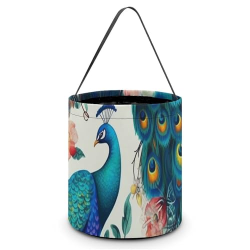 VFMNT Süßigkeitenbeutel für Halloween, schöne Pfauenblumen, Süßigkeitenbeutel mit Griffen, Halloween-Tragetasche, Halloween-Tragetasche, Süßigkeiteneimer für Halloween, Party, Gastgeschenk, 20 x 21 von VFMNT