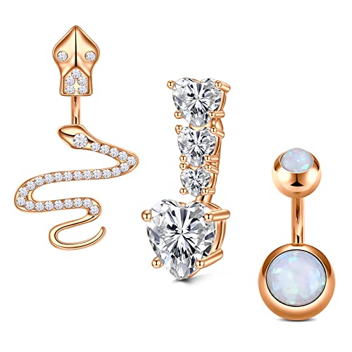 VFUN 14G Bauchnabelpiercing Schlange Triple Herz Kurz Bauch Nabel Piercing für Damen Opal Bauchnabelpiercing 6MM Diamond CZ Piercing Bauchnabel - Rosegold von VFUN