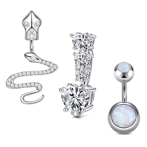 VFUN 14G Bauchnabelpiercing Schlange Triple Herz Kurz Bauch Nabel Piercing für Damen Opal Bauchnabelpiercing 6MM Diamond CZ Piercing Bauchnabel - Silber von VFUN