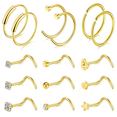 VFUN 15 Stück 20G Chirurgenstahl Nasenpiercing Nase Spirale Ringe Piercing Fake Piercing Lippenpiercing Damen Herren Piercing Schmuck (15 Stück-Gold) von VFUN