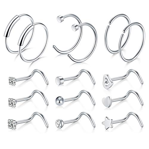 VFUN 15 Stück 20G Chirurgenstahl Nasenpiercing Nase Spirale Ringe Piercing Fake Piercing Lippenpiercing Damen Herren Piercing Schmuck - Silber von VFUN